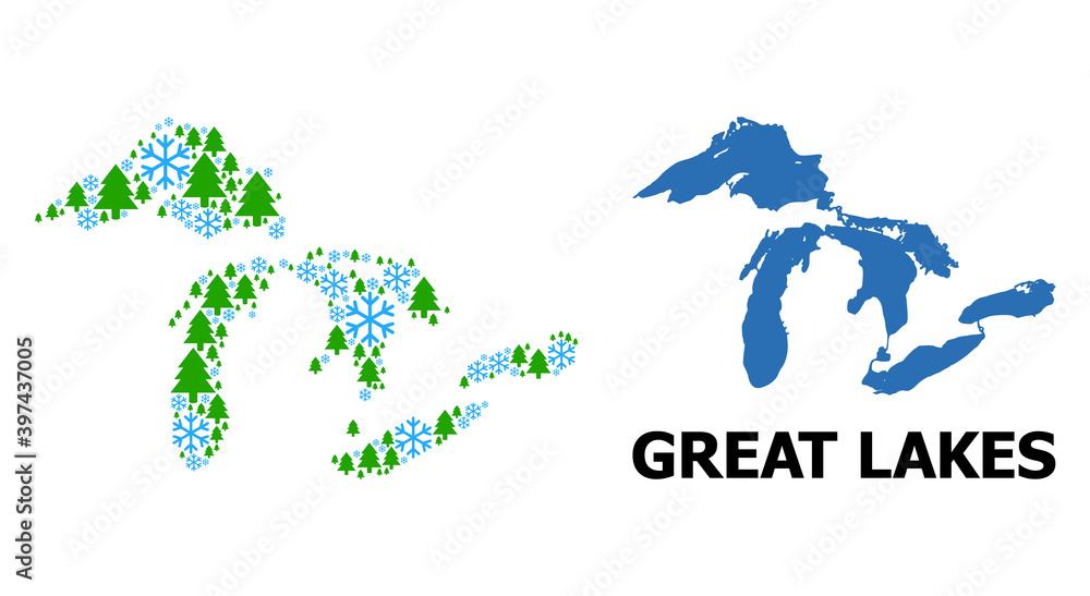 Vector mosaic map of Great Lakes combined for New Year, Christmas, and winter. Mosaic map of Great Lakes is formed with snow flakes and fir trees.