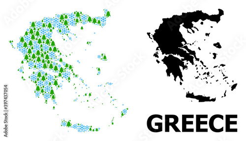 Vector mosaic map of Greece combined for New Year, Christmas, and winter. Mosaic map of Greece is done from snowflakes and fir forest.