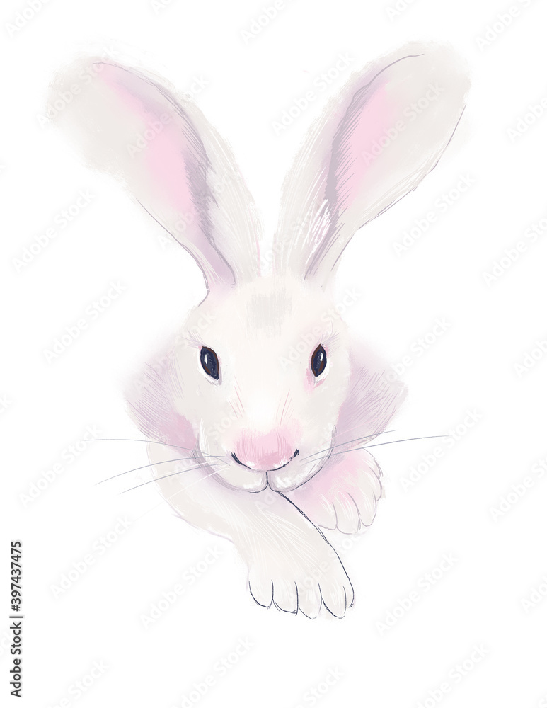 White rabbit on a white background. Cute Easter illustration. White rabbit on a white background. Cute Easter illustration.