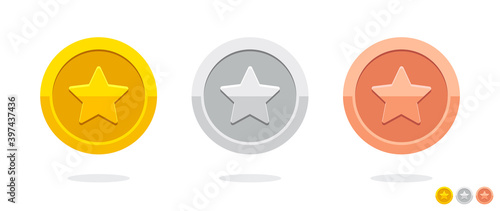 Gold game coin. Coin icon. Golden medal. Coin with the star. Graphic user interface design element. Gold star. Vector money symbol. 1st, 2nd, 3rd places award. Game currency. Bronze, silver.

