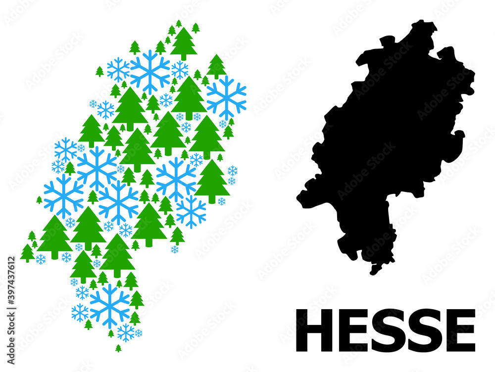 Vector mosaic map of Hesse State created for New Year, Christmas, and winter. Mosaic map of Hesse State is formed of snow and fir-trees.