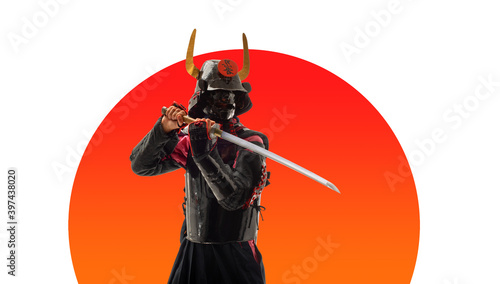 japanese samurai in black uniform with katana sword, on japan flag background photo