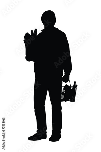 Shopping man with basket silhouette vector on white