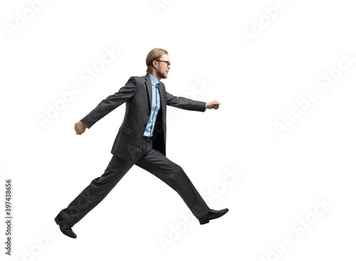 man businessman jumping or running