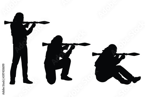 Set of male terrorist with weapon silhouette vector on white