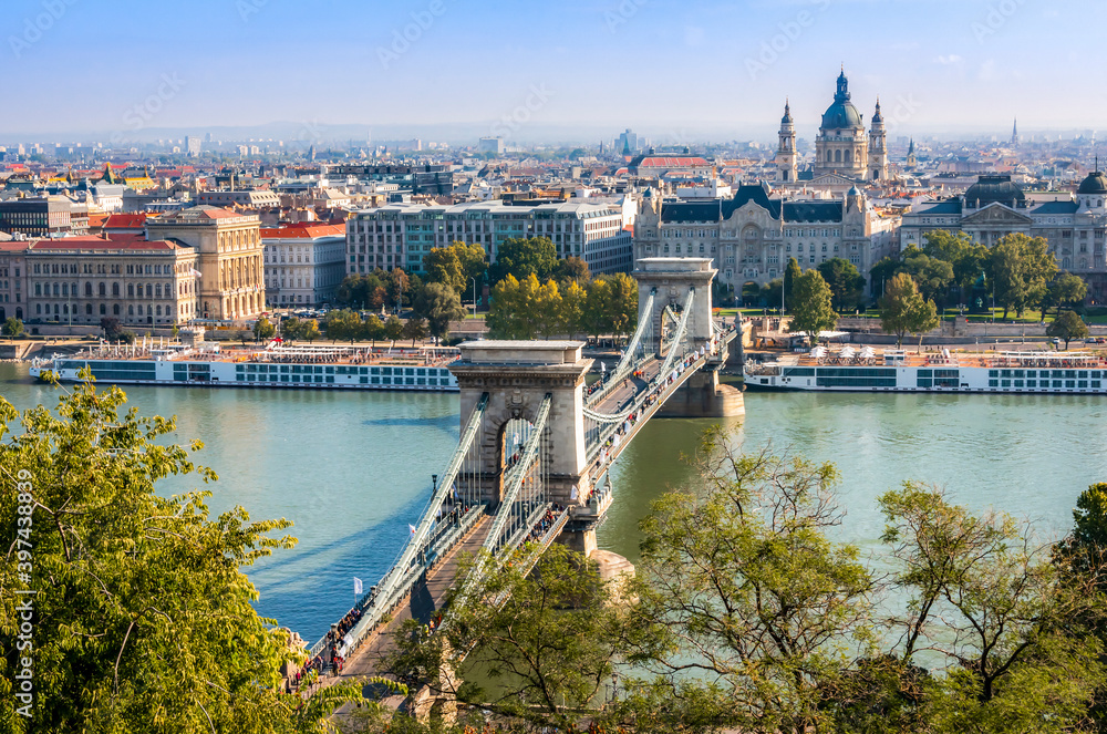 The Szechenyi Chain Bridge that spans the River Danube between Buda and Pest sides of Budapest, Hungary