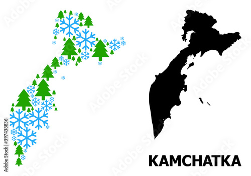 Vector mosaic map of Kamchatka Peninsula designed for New Year, Christmas, and winter. Mosaic map of Kamchatka Peninsula is done from snow and fir trees.