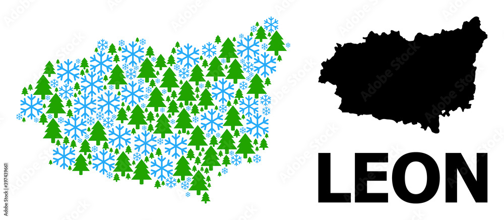 Vector mosaic map of Leon Province created for New Year, Christmas, and winter. Mosaic map of Leon Province is made from snowflakes and fir trees.