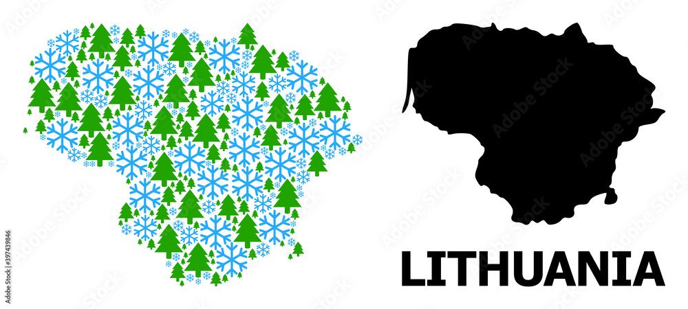 Obraz premium Vector mosaic map of Lithuania combined for New Year, Christmas, and winter. Mosaic map of Lithuania is shaped from snow flakes and fir forest.