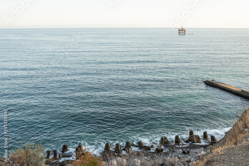 One oceanographer stands on the sea. Sea background landscape