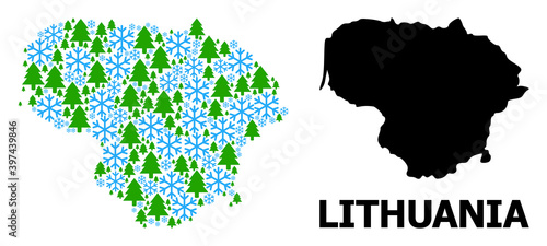 Vector mosaic map of Lithuania combined for New Year  Christmas  and winter. Mosaic map of Lithuania is shaped from snow flakes and fir forest.