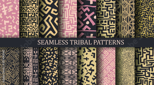 Set seamless vector African patterns. Collection of tribal backgrounds. Hand drawn lines pattern. 10 eps design. For fabric, textile, wrapping, cover etc. 