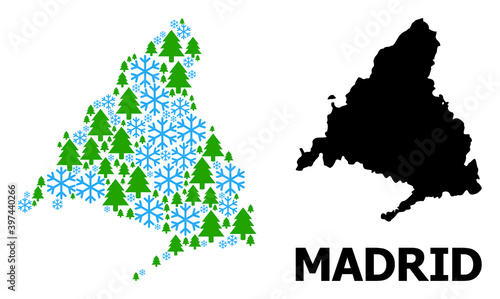 Vector mosaic map of Madrid Province organized for New Year  Christmas  and winter. Mosaic map of Madrid Province is done with snowflakes and fir trees.