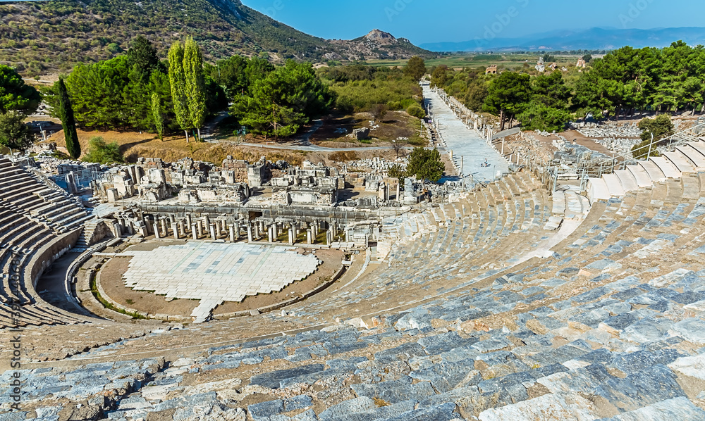 A birds-eye view of the Arcadian Way and the amphitheatre in Ephesus, Turkey