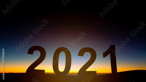 Silhouette of happy new year 2021 with beautiful twilight sky