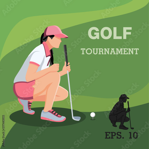 Golf playing. women training with golf clubs on green grass, cartoon vector illustration. female character in different position.