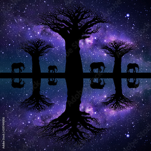 Elephant family in savannah. Baobab tree and Milky Way at starry night