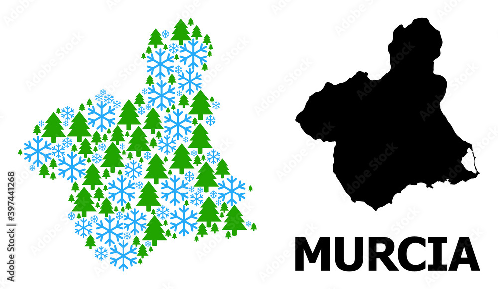 Obraz premium Vector mosaic map of Murcia Province organized for New Year, Christmas, and winter. Mosaic map of Murcia Province is made with snowflakes and fir forest.