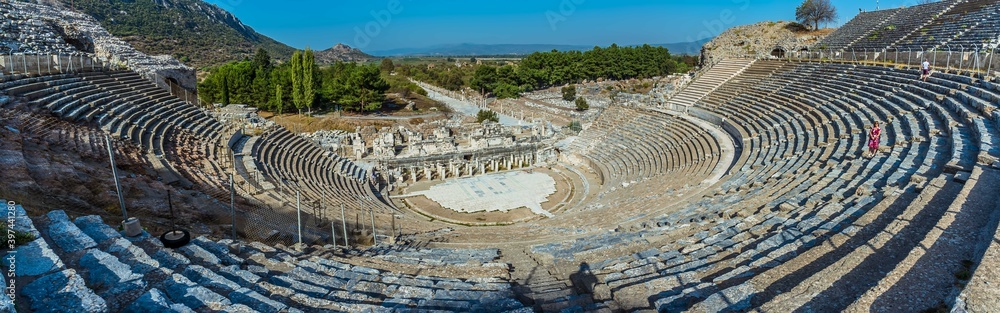 A view from the top of the amphitheatre towards the Arcadian Way and the harbour in Ephesus, Turkey