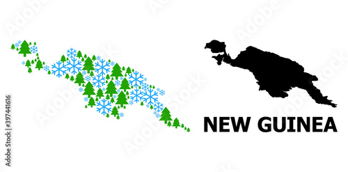Vector mosaic map of New Guinea Island created for New Year, Christmas, and winter. Mosaic map of New Guinea Island is created from snowflakes and fir trees.