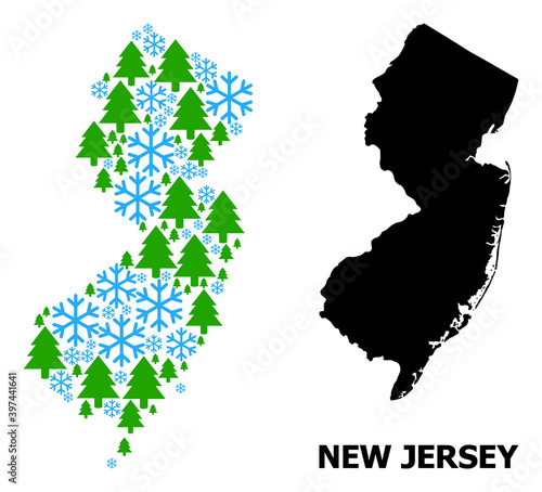 Vector mosaic map of New Jersey State combined for New Year, Christmas, and winter. Mosaic map of New Jersey State is shaped from snow and fir-trees.
