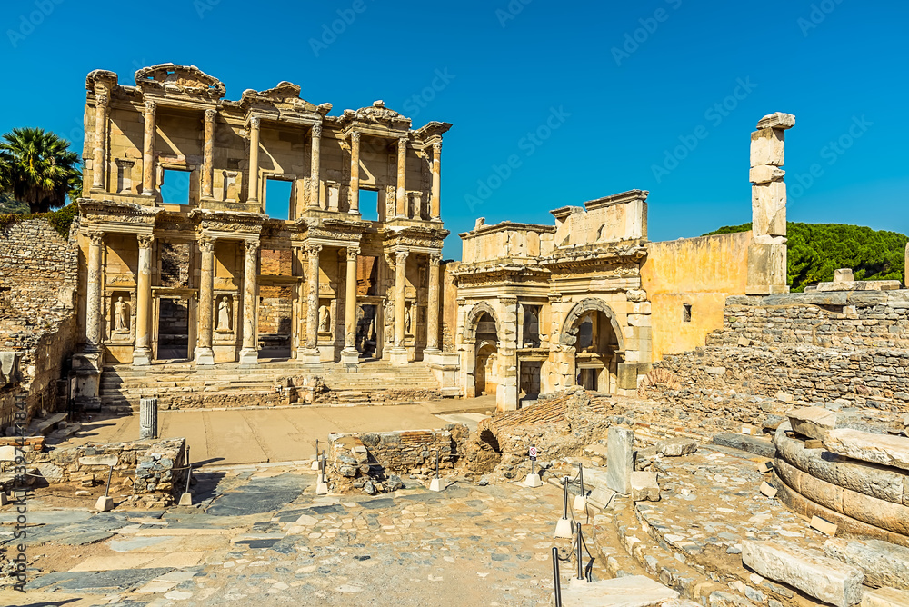 A view of the Celsus Library, the Gate of Mazeus and Mithridates leading to the Agora in Ephesus, Turkey