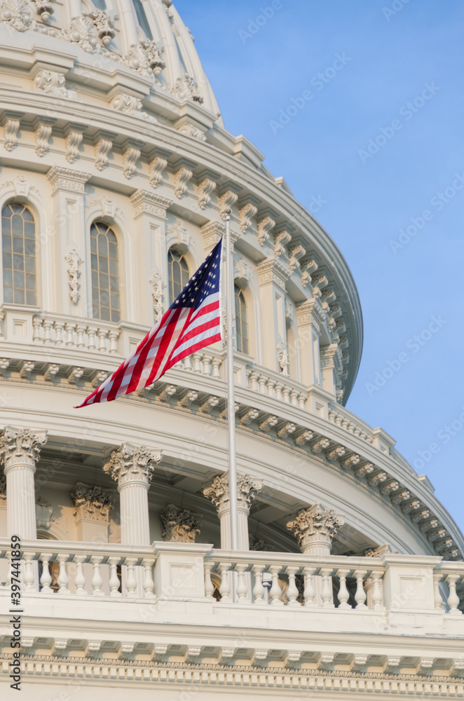 Capitol Building dome and United  States National flag detail - Washington D.C. United States of America