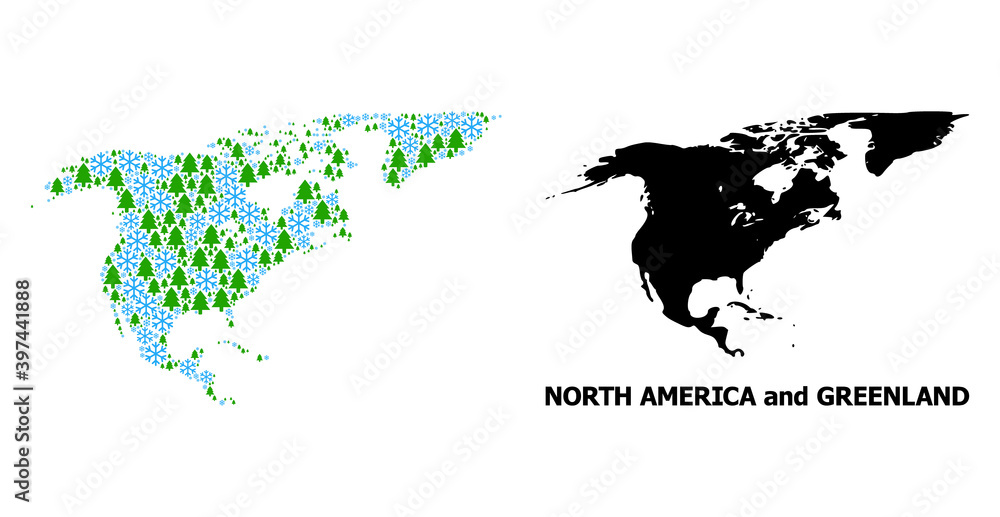 Naklejka premium Vector mosaic map of North America and Greenland done for New Year, Christmas, and winter. Mosaic map of North America and Greenland is done of snow and fir trees.