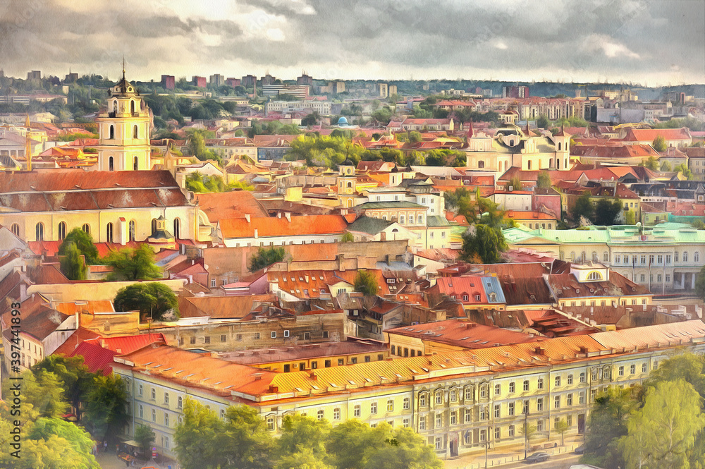 Aerial view on Vilnius colorful painting, Lithuania.