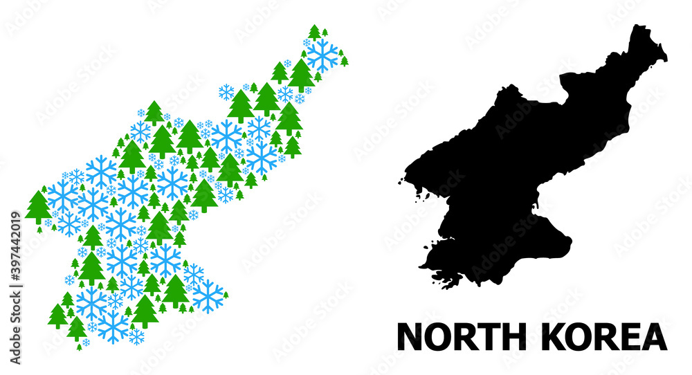 Obraz premium Vector mosaic map of North Korea done for New Year, Christmas, and winter. Mosaic map of North Korea is composed with snowflakes and fir forest.