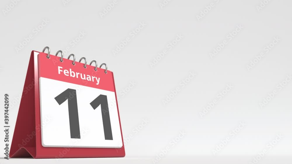February 11 date on the flip desk calendar page, blank space for user text, 3d animation February 11 date on the flip desk calendar page, blank space for user text, 3d animation