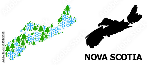 Vector composition map of Nova Scotia Province designed for New Year, Christmas, and winter. Mosaic map of Nova Scotia Province is designed from snow and fir trees.