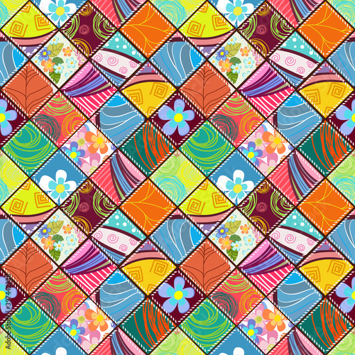 Colorful patchwork quilt pattern with doodle. seamless texture w