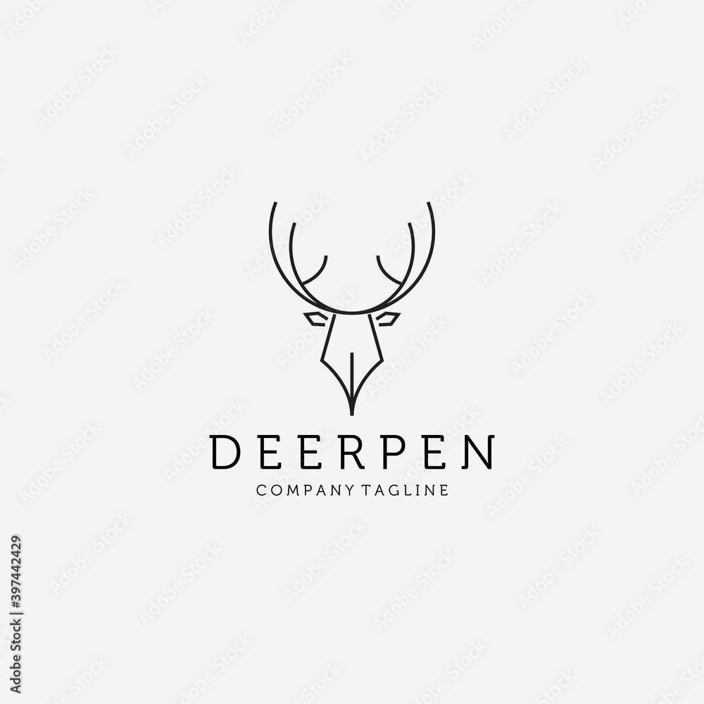 Obraz premium Deer Pen Hunt Wildlife Outdoor Adventure Logo Vector Illustration Design Template Line Art