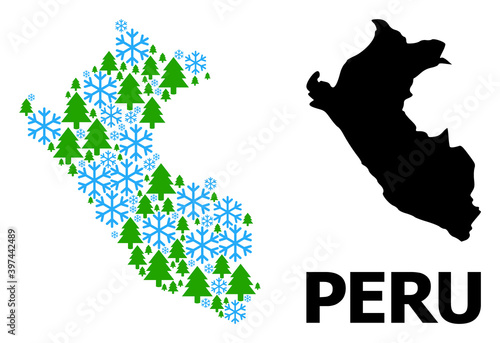 Vector mosaic map of Peru organized for New Year, Christmas, and winter. Mosaic map of Peru is composed with snow and fir forest. Winter related items are grouped into abstract mosaic map of Peru.
