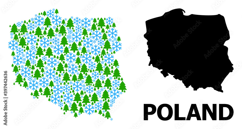 Obraz premium Vector mosaic map of Poland done for New Year, Christmas, and winter. Mosaic map of Poland is done of snow flakes and fir-trees. Winter related items are arranged into abstract mosaic map of Poland.