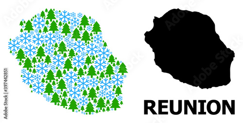 Vector collage map of Reunion Island constructed for New Year, Christmas, and winter. Mosaic map of Reunion Island is constructed of snow and fir trees.