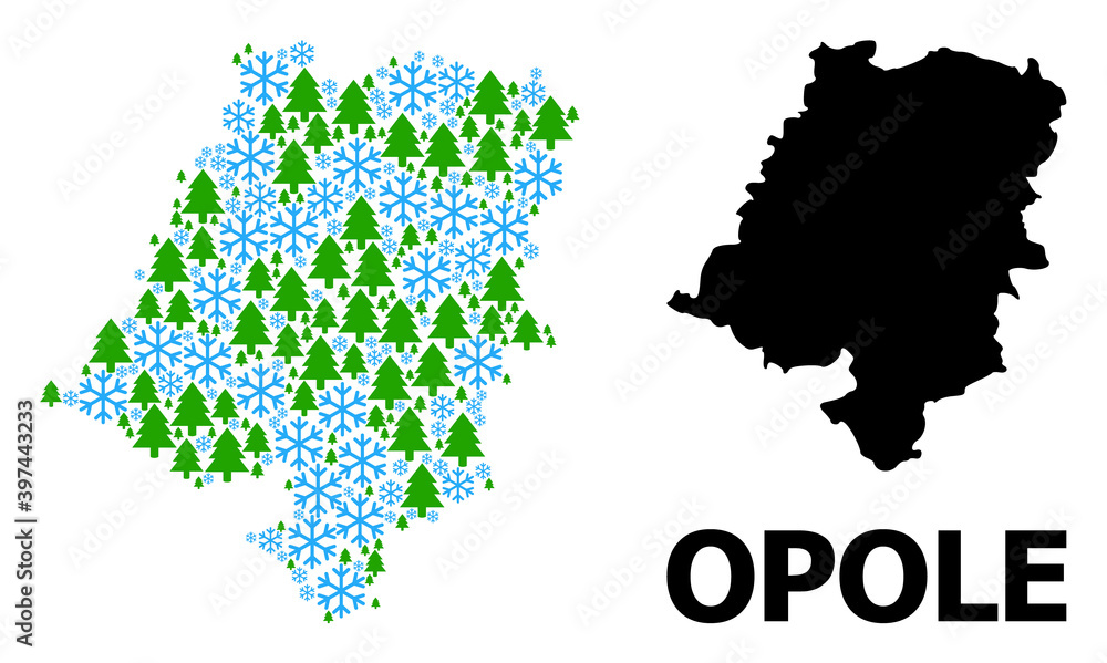 Obraz premium Vector mosaic map of Opole Province designed for New Year, Christmas, and winter. Mosaic map of Opole Province is constructed from snowflakes and fir forest.