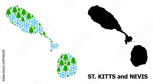 Vector mosaic map of Saint Kitts and Nevis designed for New Year, Christmas, and winter. Mosaic map of Saint Kitts and Nevis is organized of snowflakes and fir forest.