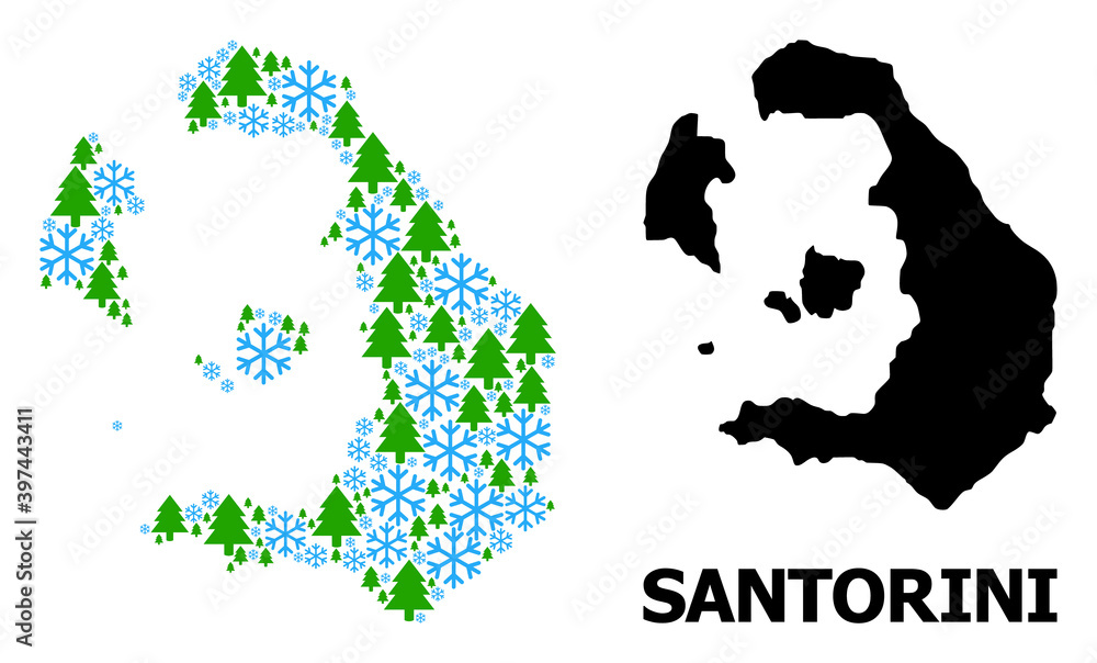 Obraz premium Vector mosaic map of Santorini Island organized for New Year, Christmas, and winter. Mosaic map of Santorini Island is done from snow and fir-trees.