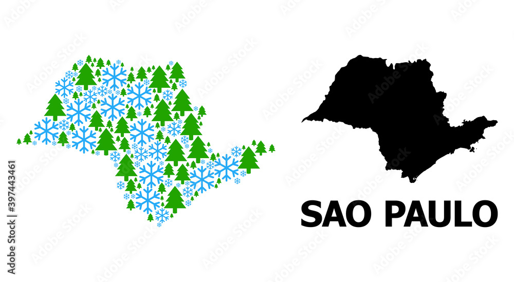 Fototapeta premium Vector mosaic map of Sao Paulo State created for New Year, Christmas, and winter. Mosaic map of Sao Paulo State is created from snow and fir trees.