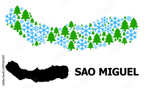Vector mosaic map of Sao Miguel Island organized for New Year, Christmas, and winter. Mosaic map of Sao Miguel Island is organized from snow and fir forest.