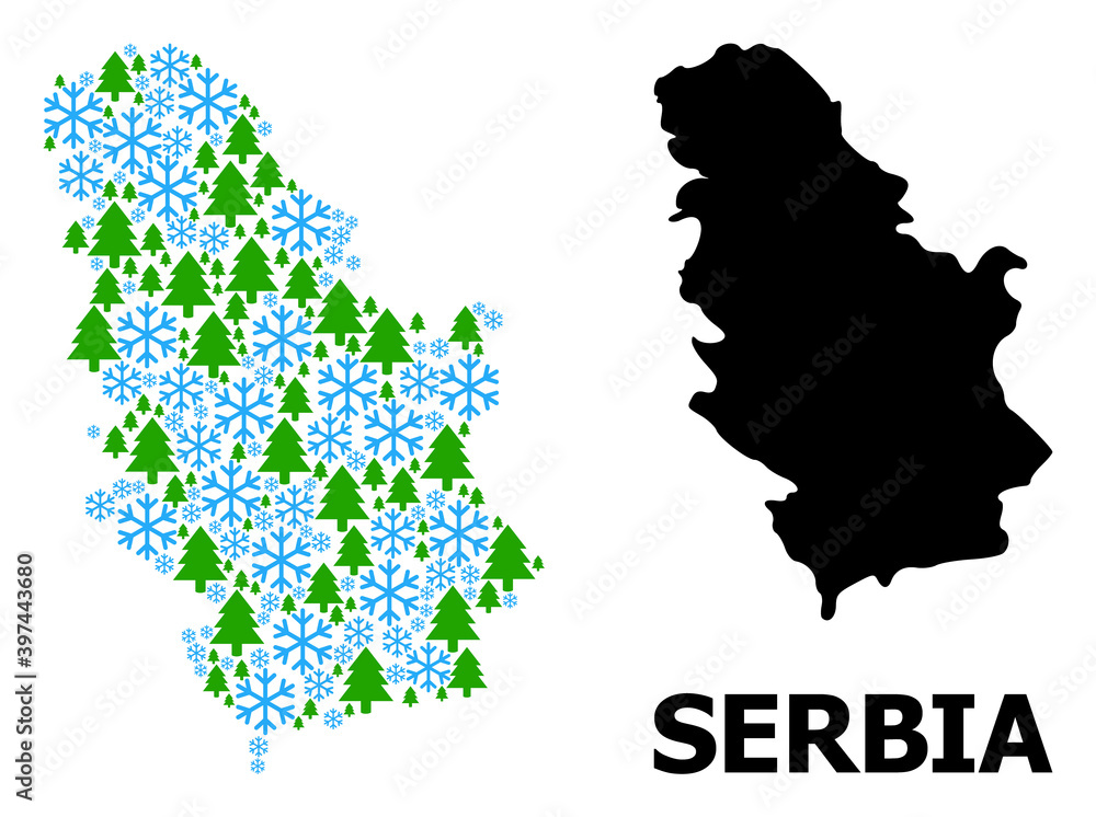 Vector mosaic map of Serbia constructed for New Year, Christmas, and winter. Mosaic map of Serbia is made with snowflakes and fir trees.