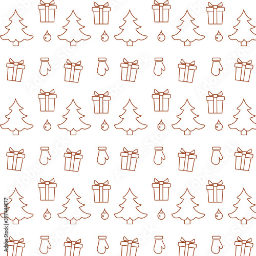 Happy new year 2021  Merry Christmas vector seamless pattern with Christmas tree  gifts  Christmas tree toys  Christmas gloves. Design for wrapping  fabric  print.