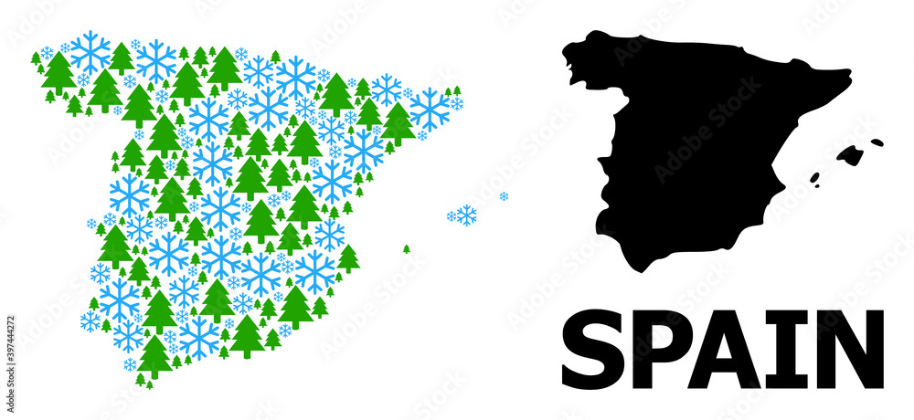 Vector mosaic map of Spain done for New Year, Christmas, and winter. Mosaic map of Spain is done with snowflakes and fir-trees. Winter related items are united into abstract mosaic map of Spain.