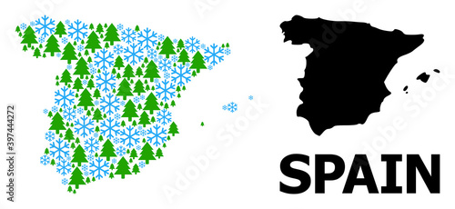 Vector mosaic map of Spain done for New Year, Christmas, and winter. Mosaic map of Spain is done with snowflakes and fir-trees. Winter related items are united into abstract mosaic map of Spain.