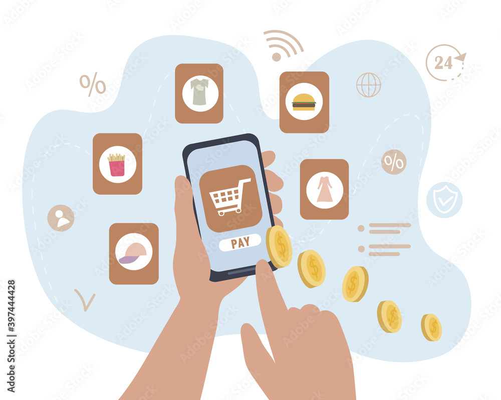 Hands with smartphone do shopping using mobile applications. The person makes an order in the online store, selects things. basket icon. Security electronic payments and shopping. Vector flat Hands with smartphone do shopping using mobile applications. The person makes an order in the online store, selects things. basket icon. Security electronic payments and shopping. Vector flat