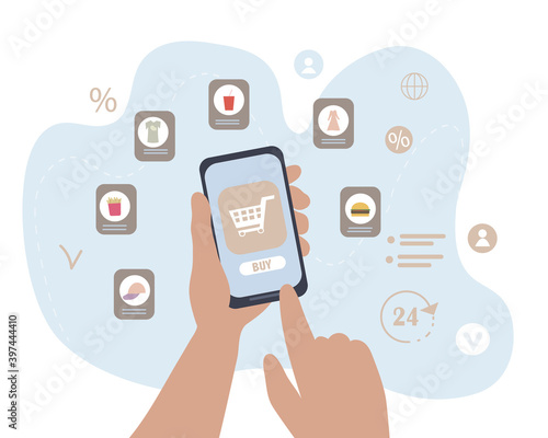 Hands with smartphone do shopping using mobile applications. The person makes an order in the online store, selects things. basket icon. Security electronic payments and shopping. Vector flat