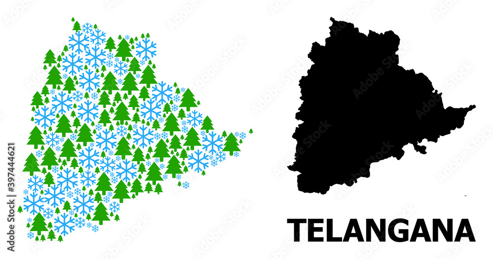Vector mosaic map of Telangana State done for New Year, Christmas, and winter. Mosaic map of Telangana State is made from snowflakes and fir forest.