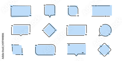 Quotation frame box vector illustration. Quote mark symbol icon set. Quoted text bubble shape isolated sign. Black quote textbox on white background. vector stock citation frame
